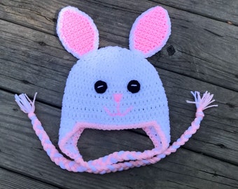 Crochet baby girl bunny hat with ear covers and braids