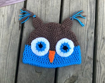 Crochet blue and brown owl  beanie hat