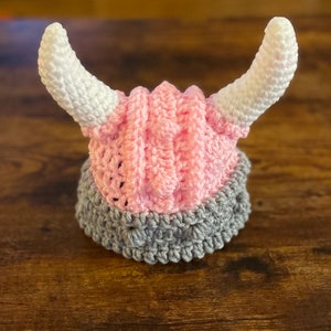 Crochet pink vikings helmet hat beanie, crochet viking helmet with horns, newborn threw large adult size