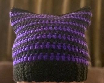 Crochet purple and black stripes  kitty cat ears hat beanie