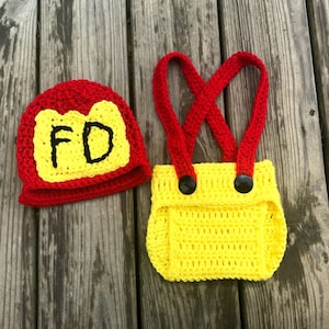 Crochet fireman&#39;s beanie hat and diaper cover outfit set, photo prop