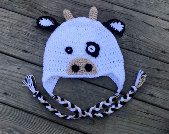 Crochet cow beanie hat with ear covers and braids