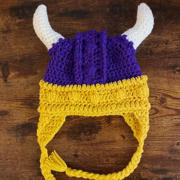Crochet Minnesota vikings football helmet hat beanie, crochet viking helmet with horns. Comes with ear flaps and braids