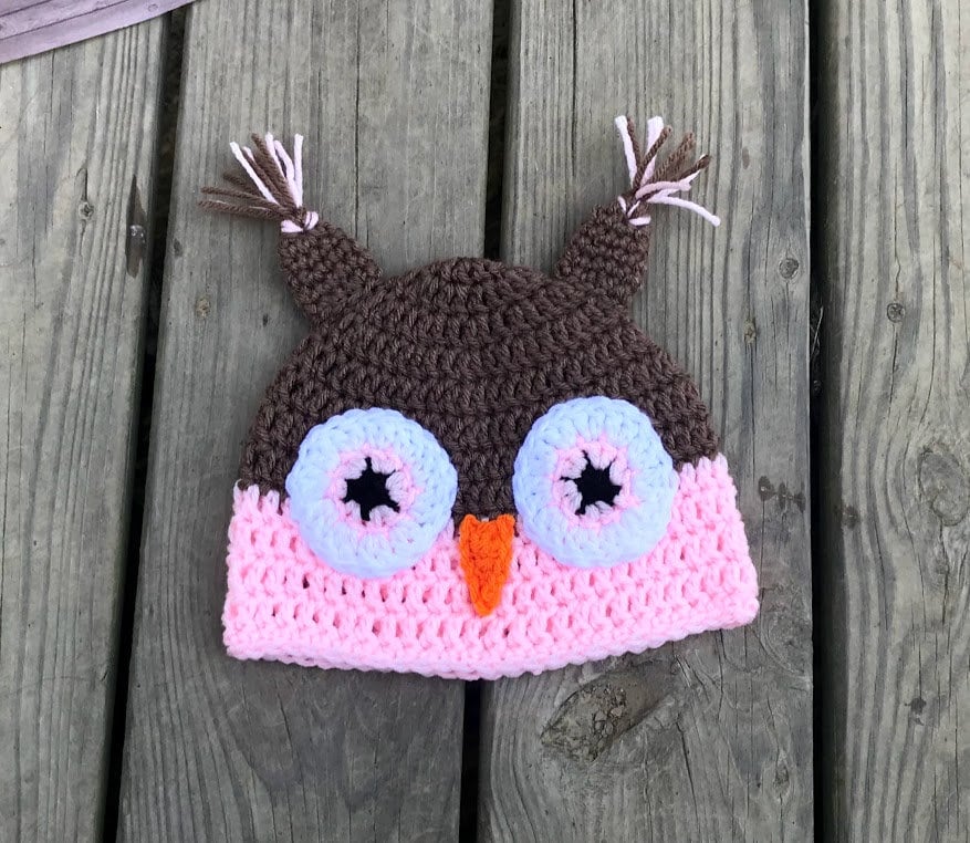 Crochet pink and brown owl beanie hat