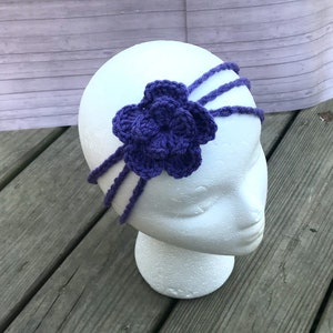 Crochet baby girl flower 3 strand headband in purple