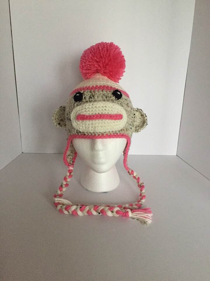 Crochet Pink Sock Monkey Beanie Hat 