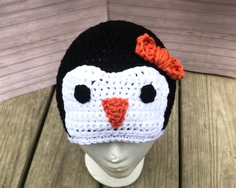 Crochet baby girl penguin winter Christmas beanie hat.