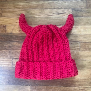 Crochet solid color horned hat; red devil horns beanie
