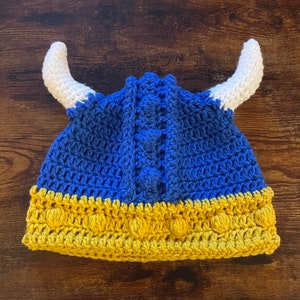 Crochet Blue and gold vikings football helmet hat beanie, crochet viking helmet with horns, football season, newborn threw large adult size