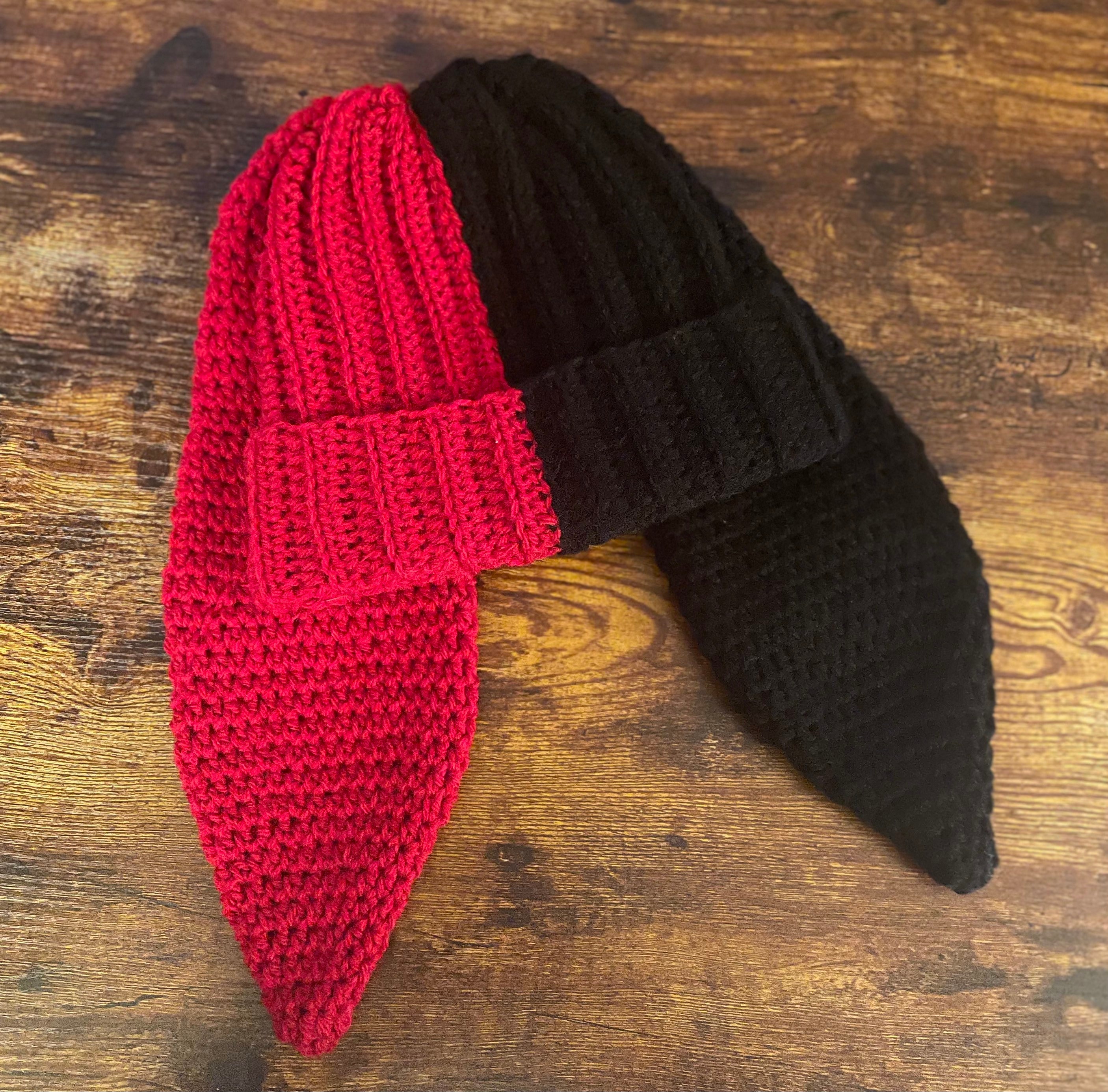 Crochet Split Color Bunny Ears Hat; Red and Black Beanie