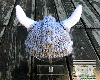 Crochet viking helmet hat beanie, handmade unique crochet item, custom sizes newborn threw large adult, viking horn helmet.