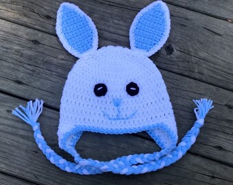 Crochet baby boy bunny hat with ear covers and braids