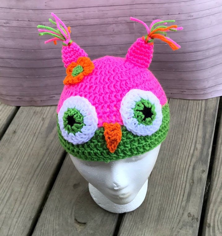 Crochet pink and green owl  beanie hat with orange flower