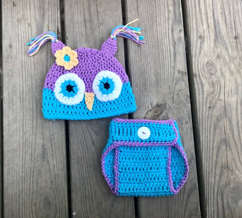 Crochet Owl Beanie and Diaper Cover Set: Blue & Purple