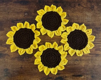 Crochet sunflower coasters, set of 4 coasters regular size, flower coasters, sunflower decor