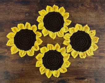 Gehäkelte Sonnenblumen Untersetzer, Set von 4 Untersetzer normale Größe, Blumen Untersetzer, Sonnenblumen Dekor