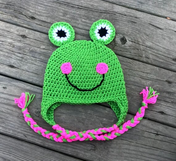 Crochet Frog Beanie Hat With Ear Covers 