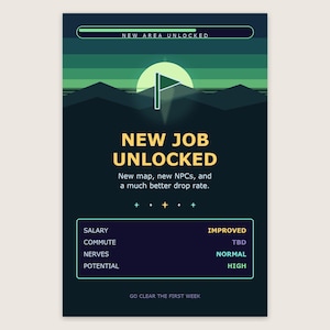 Może przedstawiać: Pionowy plakat graficzny z ciemnozielonym tłem, przedstawiający stylizowany górski krajobraz i ikonę flagi. Tekst brzmi: NEW AREA UNLOCKED, NEW JOB UNLOCKED, New map, new NPCs, and a much better drop rate, oraz tabela ze statystykami.