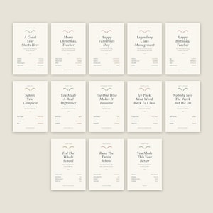 May include: A collection of fourteen rectangular cards with off-white backgrounds and black text. Each card features a unique title, a short message, and a list of categories with corresponding values, decorated with a small floral graphic at the top.