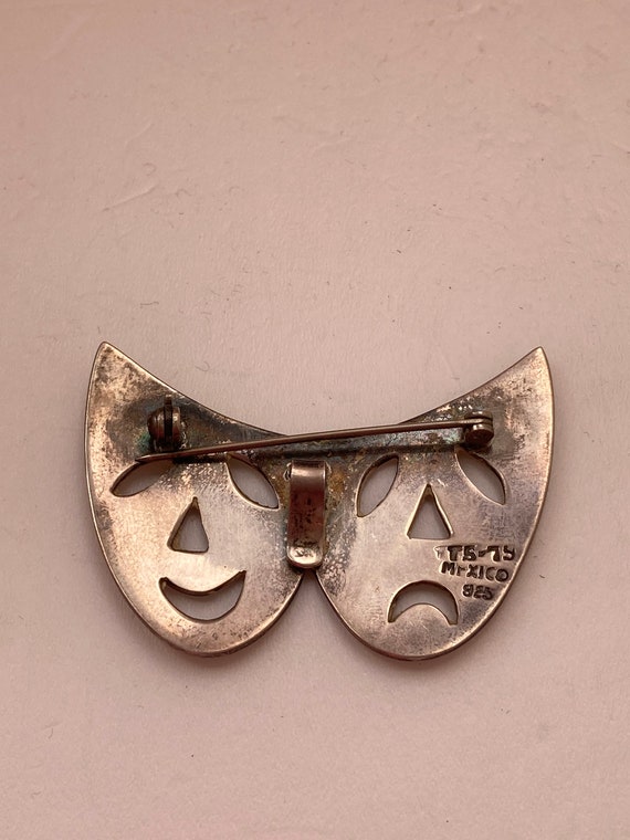 Sterling Silver Drama Comedy Tragedy Mask Brooch/… - image 3