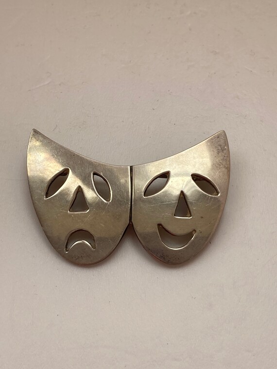 Sterling Silver Drama Comedy Tragedy Mask Brooch/… - image 2