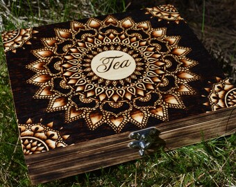 Deluxe 12 compartment hand burnt wooden mandala tea box, unique geometric mandala gift, unique tea box, gift for her, customisable, hippie