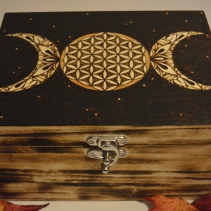 Triple Moon Flower of Life wooden keepsake box, hand burnt pyrography gift box, geometric trippy art gift, sacred geometry, large stash box,