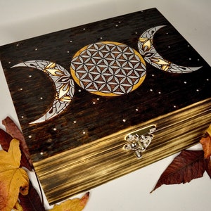 Triple Moon + Flower of Life mandala wooden keepsake box, Fertility Goddess altar decor, hippie boho art stash box, Wedding gift box