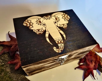Mandala Elephant hand burnt wooden keepsake box, Elephant gift box, hippie boho home decor, geometric animal, stash box, sacred geometry art