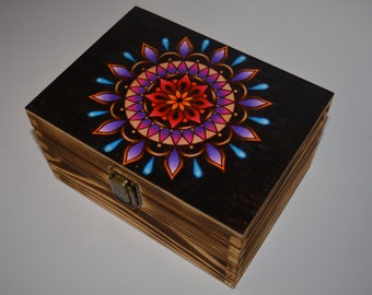 Colourful hand burnt mandala wooden keepsake box, hippie boho home decor, stash box, mixed media gift box for her, geometric trippy artwork