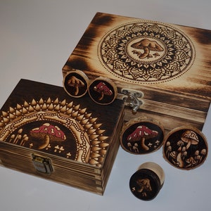 Hand burnt half mushroom mandala wooden keepsake jewellery trinket box, geometric trippy artwork, Christmas gift set, stash box, hippie gift
