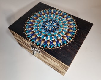 Large blue mandala hand burnt wooden keepsake box, pyrography geometric mandala artwork, colourful mandala art, stash memory box hippie gift