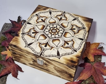 Luxury square mandala pyrography wooden keepsake box, hippie home decor gift, large mandala, spaced geometry, original art, Welsh art, stash