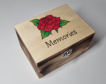 Rose memory keepsake box, hand burnt wooden keepsake box, floral memory box, gift box, pyrography, hippie boho home decor, rose gift for her