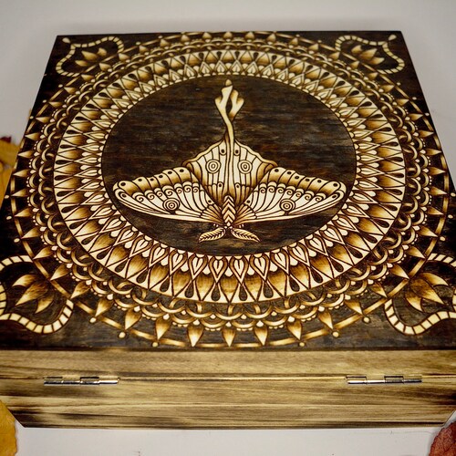 Deluxe square Luna Moth Mandala wooden keepsake jewellery box, large stash box, geometric trippy shops moth art, gothic moth gift, hippie gift,