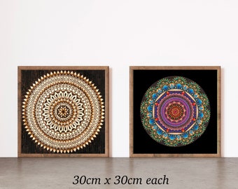 Two Square mandala colourful art prints, duo art print, hippie boho home decor, hippie wall art print, colourful mandala wall art unframed