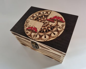 Mushroom mandala hand burnt wooden keepsake box, cottagecore gift, stash box, geometric art, abstract art, wooden keepsake box, art gift box