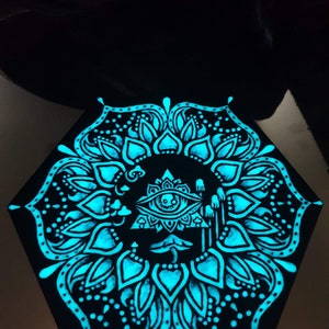 Glow in the dark hand burnt wooden Illuminati keepsake box, hippie boho home decor, trippy art, uv art, mandala geometric keepsake stash box