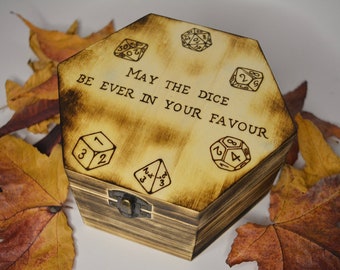 Hexagonal wooden dice box, tabletop gaming box storage, RPG dice box gift, Geek nerd gift, role playing accessory, D20 gift, hand burnt box