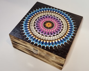 Deluxe square colourful mandala wooden keepsake jewellery box, large stash box, geometric trippy gift, hippie boho gift cottagecore