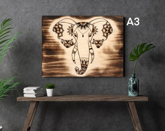 A3 Mandala Elephant poster print pyrography artwork, hippie wall art gift, house decor, original artwork unframed print, boho geometric