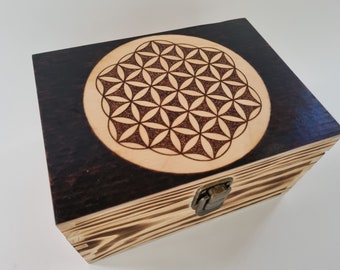 Pine Flower Of Life hand burnt wooden keepsake trinket box, Sacred Geometry hippie boho decor gift box, hippie wedding gift, stash box