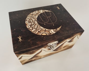 Mandala moon and mountain range keepsake box, hand burnt pyrography, mothers day gift, geometric trippy stash box, hippie boho gift