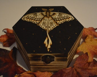 Hexagonal Luna Moth wooden keepsake box, hand burnt pyrography art, hippie boho home decor, Goth alternative gift, stash box Christmas gift