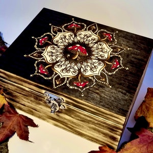 Hand burnt red mushroom mandala wooden keepsake jewellery trinket box, geometric trippy, autumn decor gift, stash box, hippie, cottagecore