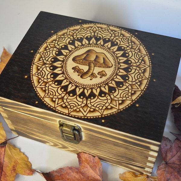 Dark mushroom mandala hand burnt wooden keepsake box, gift for her, wedding gift box, Autumn forest hippie boho home decor, large stash box