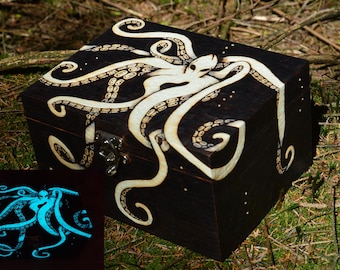 Kraken glow in the dark pyrography wooden keepsake box, uv paint, ocean gift, Sea monster art, Ocean chest nerd man gift, Large stash box