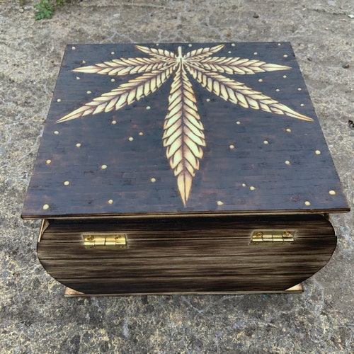 Unique phosphorescent weed leaf large stash box, hand burnt pyrography, retailer stoner gift, glow in the dark box, trippy hippie home decor, 420 art