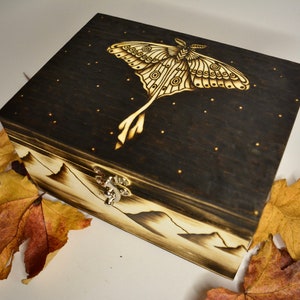 Deluxe Luna Moth and mountain wooden keepsake jewellery box, unusual Luna moth Gothic gift, hand burnt pyrography, wedding gift, stash box