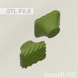 May include: Two green 3D printed cabinet knobs with a textured, twisted design.  .STL FILE